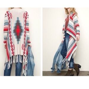 HAYDEN Los Angeles Sz L Open Front Boho Aztec Knit Cardigan with Fringe